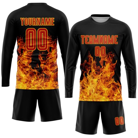 Sublimation Red-Gold Black Flame Soccer Uniform Custom Jersey