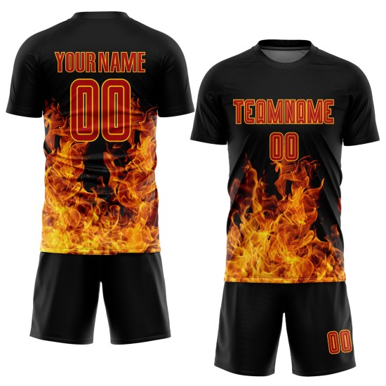 Sublimation Red-Gold Black Flame Soccer Uniform Custom Jersey