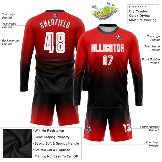 Soccer White-Black Red Fade Custom Sublimation Sleeve Fashion Uniform Long Jersey