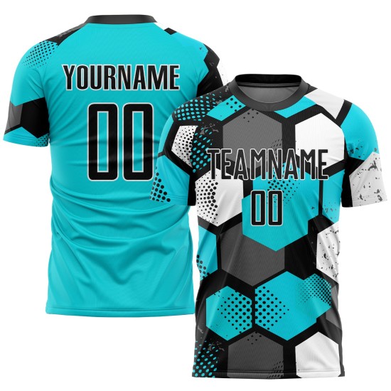 Sublimation Uniform Custom Soccer Aqua Black-White Jersey